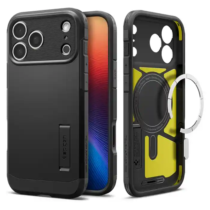 Czarne etui Spigen z MagSafe do iPhone 17 Pro / 18 Pro z wbudowaną podstawką i szkłem hartowanym 9H w zestawie