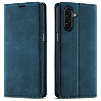 Etui do Samsung Galaxy A17 5G skórzane Velvet zamykane granatowe ze szkłem
