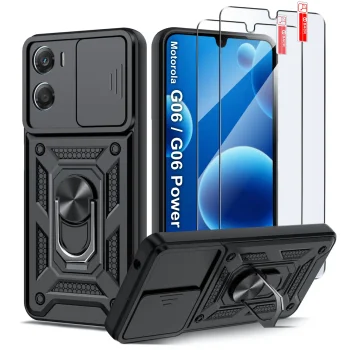 Etui do Motorola G06 / G06 Power pancerne ring z osłoną na aparat czarne z zestawem 2 szkieł