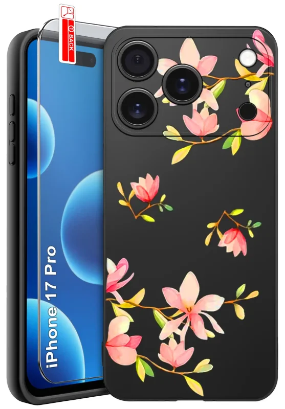 Czarne etui dla Babci do iPhone 17 Pro / 18 Pro z różowymi kwiatami oraz szkłem hartowanym 9H w zestawie