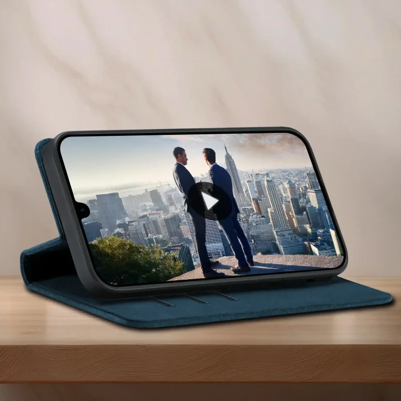 Etui portfelowe Velvet do Samsung Galaxy A26 A18 A17 5G granatowe z funkcją poziomej podstawki do oglądania filmów