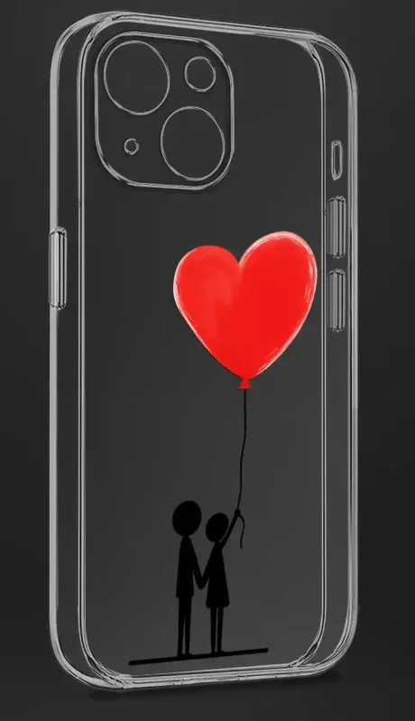 Etui do iPhone 15 z minimalistycznym nadrukiem pary i czerwonego balonu przedstawione na czarnym tle