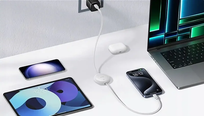 Zwijany kabel Baseus USB-C 60W podczas ładowania telefonu na biurku