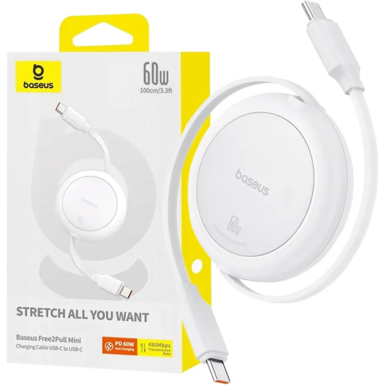 Zwijany kabel Baseus USB-C do USB-C 60W 1m biały – szybkie ładowanie, opakowanie produktu