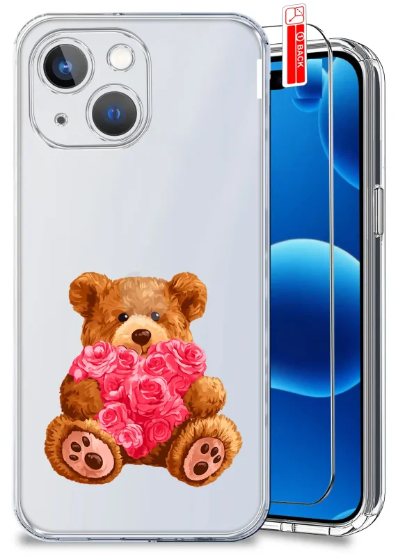 Przezroczyste etui do iPhone 15 Plus z wzorem walentynkowym - miś trzymający serce z róż