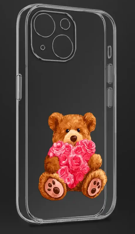 Etui do iPhone 15 Plus z nadrukiem misia i różowego serca na czarnym tle