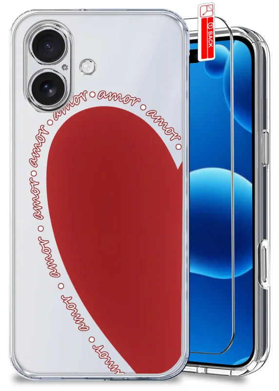 Przezroczyste etui do iPhone 16 z walentynkowym wzorem - połową czerwonego serca i napisami „amor”