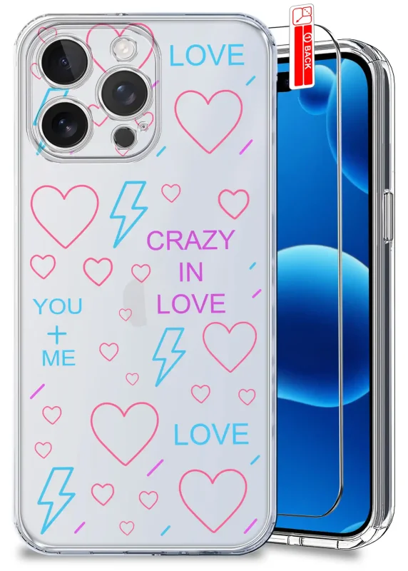 Przezroczyste etui do iPhone 15 Pro z walentynkowym wzorem w pastelowych kolorach - różowe serca, jasnoniebieskie błyskawice oraz tekst „LOVE”, „CRAZY IN LOVE”, „YOU + ME”, wzór rozproszony na całych pleckach case'a