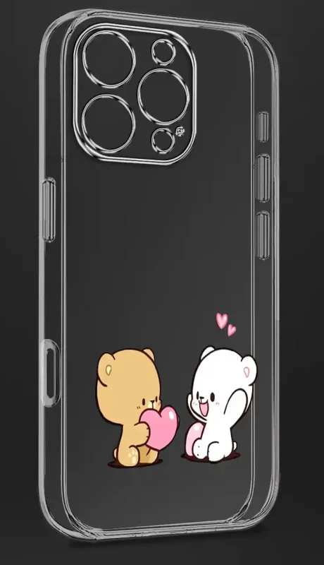 Bezbarwne etui do iPhone 16 Pro z walentynkowym wzorem - z nadrukiem dwóch rysunkowych misiów trzymających różowe serce