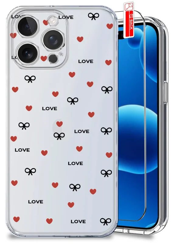 Przezroczyste etui do iPhone 15 Pro Max z walentynkowym wzorem - drobne czerwone serduszka, czarne kokardki i napisy LOVE rozmieszczone po całych pleckach