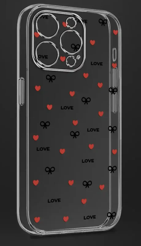 Przezroczyste etui do iPhone 15 Pro Max z walentynkowym wzorem przedstawione na czarnym tle