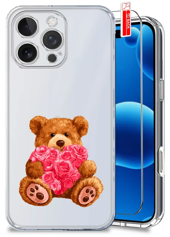 Przezroczyste etui do iPhone 16 Pro Max z walentynkowym wzorem – brązowy pluszowy miś trzymający serce ułożone z różowych kwiatów