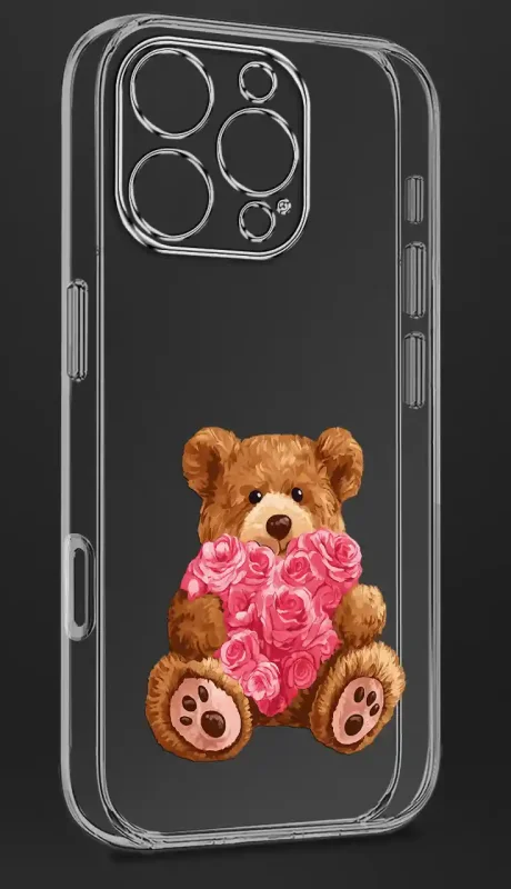 Bezbarwne etui do iPhone 16 Pro Max z walentynkowym wzorem – brązowy miś trzymający serce z różowych róż; zdjęcie prezentowane na czarnym tle podglądowym.