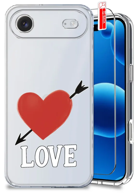 Bezbarwne etui do iPhone Air z walentynkowym wzorem - duże czerwone serce przebite czarną strzałą oraz biały napis „LOVE” umieszczony centralnie w dolnej części plecków etui