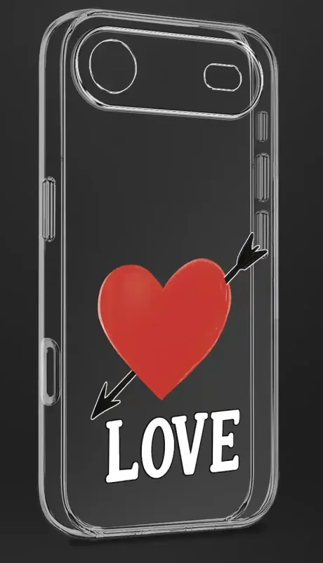 Przezroczyste etui do iPhone Air z walentynkowym wzorem – centralnie umieszczone duże czerwone serce przebite czarną strzałą oraz biały napis „LOVE” pod sercem; zdjęcie na czarnym tle