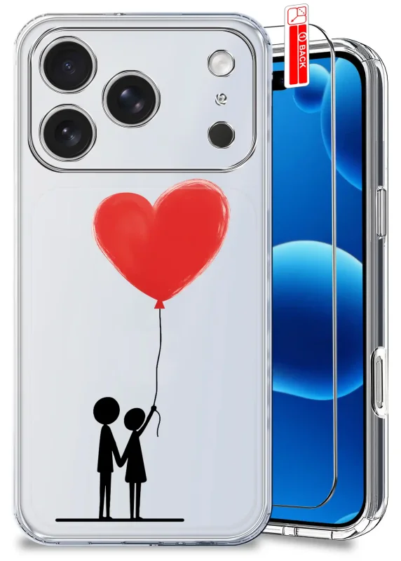Przezroczyste etui do iPhone 17 Pro Max z walentynkowym wzorem – para trzymająca balon w kształcie czerwonego serca