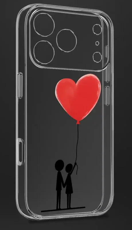 Bezbarwny case do iPhone 17 Pro Max z walentynkowym wzorem – para trzymająca balon w kształcie czerwonego serca; zdjęcie na czarnym tle
