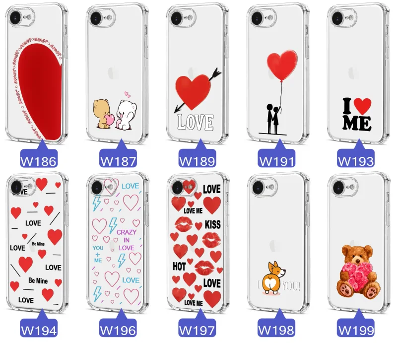 Kolekcja wzorów walentynkowych na case do iPhone 16e / 17e: serca, napisy love, kwiaty, misie, pies