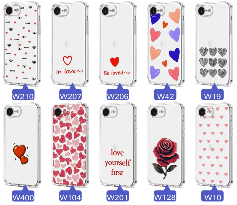 Różne wzory walentynkowe na etui do iPhone 16e / 17e - motywy miłosne: kolorowe serca, romantyczne napisy, kwiaty, misie