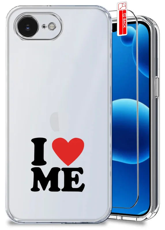 Przezroczyste etui do iPhone 16e / 17e z walentynkowym wzorem: napis „I LOVE ME” – czarne litery oraz czerwone serce zastępujące słowo „LOVE”