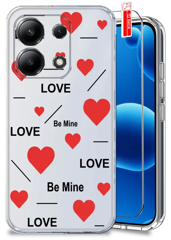 Przezroczyste etui do Xiaomi Redmi Note 13 Pro 4G z walentynkowym wzorem: czerwone serca w różnych rozmiarach, czarne napisy „LOVE” oraz „Be Mine”, uzupełnione cienkimi czarnymi liniami