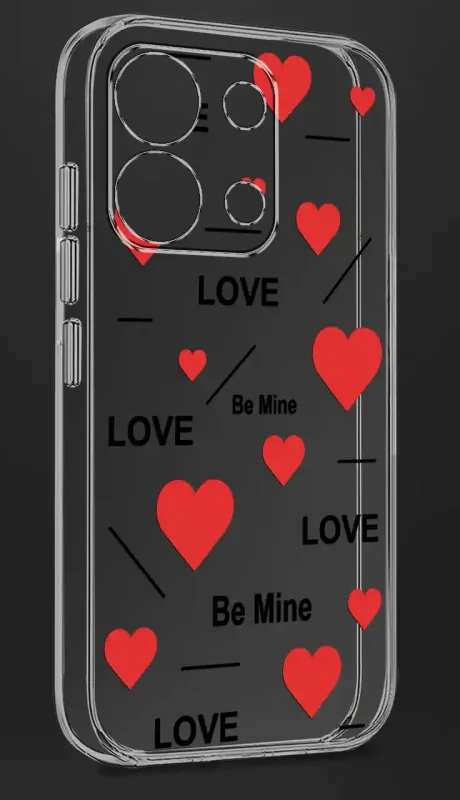 Bezbarwne etui do Xiaomi Redmi Note 13 Pro 4G z walentynkowym wzorem: czerwone serca, czarne napisy „LOVE” oraz „Be Mine”, uzupełnione cienkimi czarnymi liniami; zdjęcie na czarnym tle