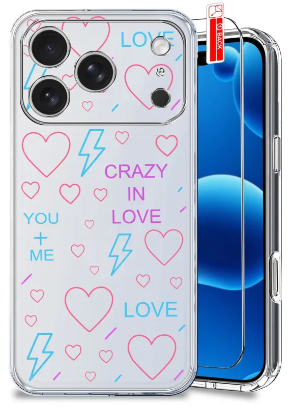 Przezroczyste etui do iPhone 17 Pro z walentynkowym wzorem – różowe serca, jasnoniebieskie błyskawice oraz tekst „LOVE”, „CRAZY IN LOVE”, „YOU + ME”, wzór rozproszony na całym tyle case