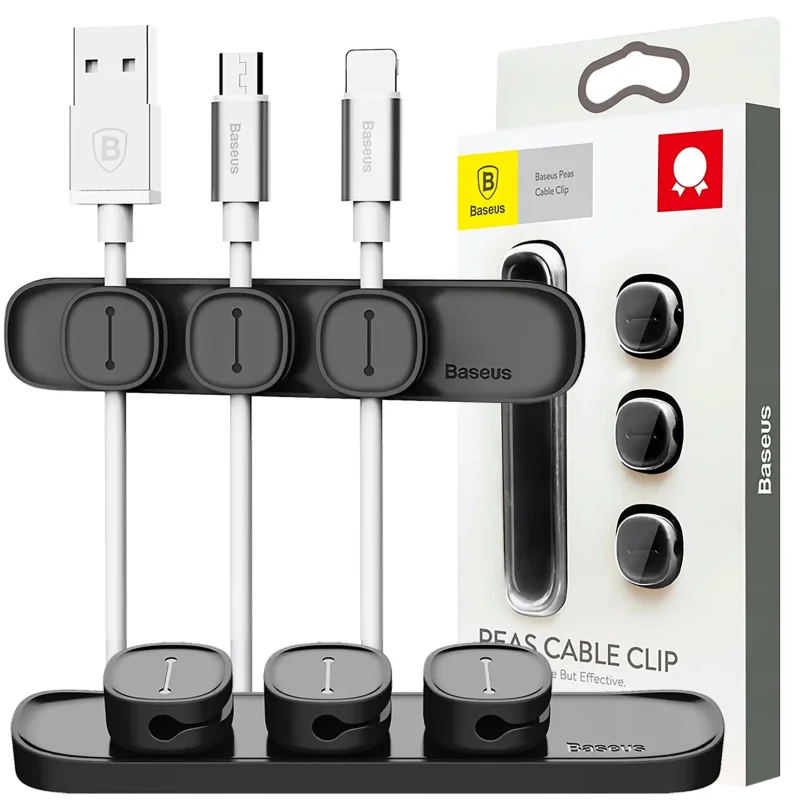 Magnetyczny organizer na kable Baseus Peas Cable Clip – czarny uchwyt biurkowy z trzema klipsami