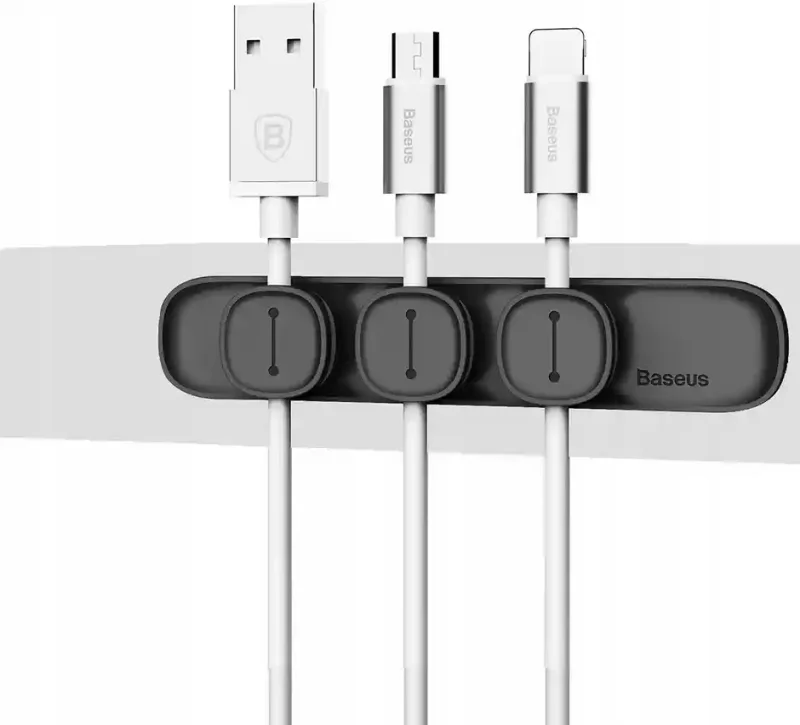 Magnetyczny organizer na kable Baseus z przewodami USB-A, USB-C oraz Lightning umieszczonymi w klipsach