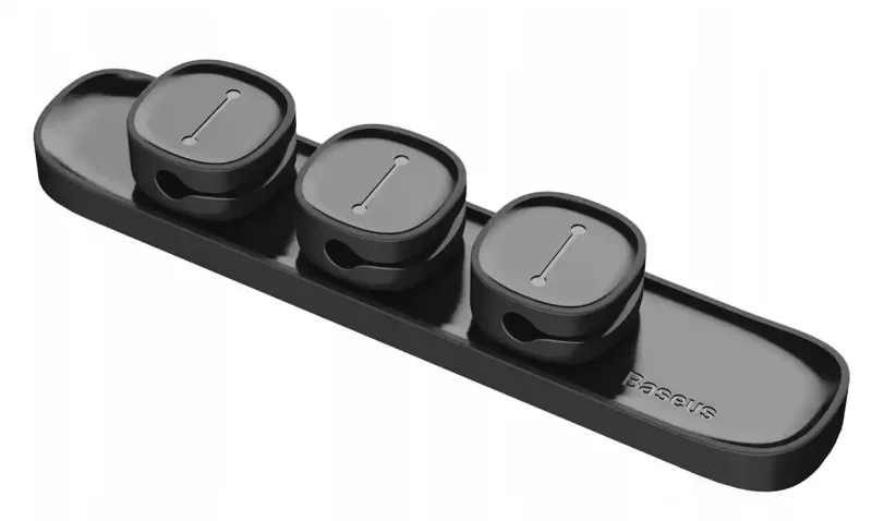 Czarny organizer kabli Baseus z trzema magnetycznymi klipsami – widok z góry, minimalistyczny design