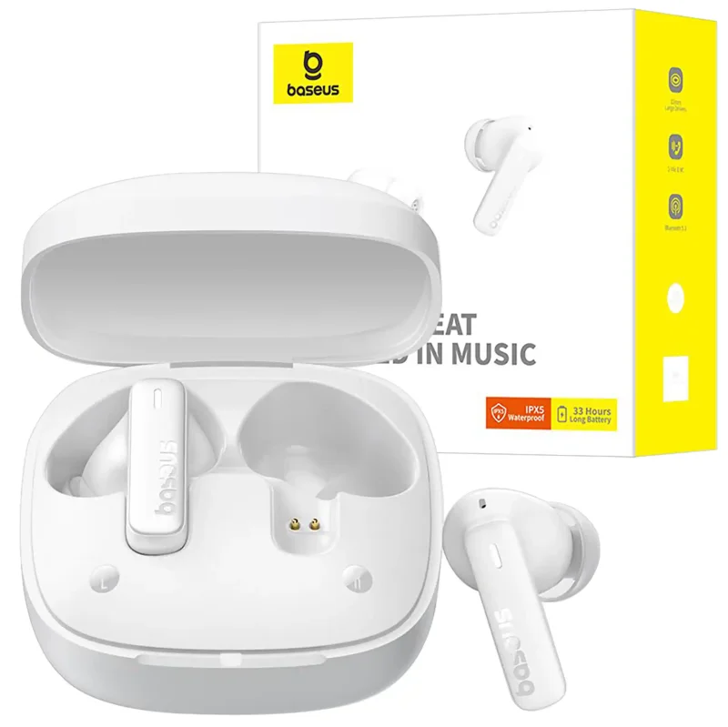 Białe słuchawki bezprzewodowe dokanałowe Baseus Bowie E19 umieszczone w otwartym etui ładującym, produkt wraz z opakowaniem
