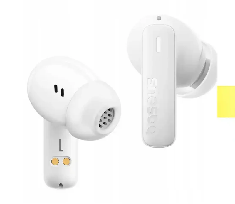 Słuchawki dokanałowe Baseus w białym kolorze, zbliżenie na konstrukcję