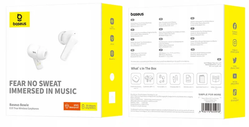 Opakowanie słuchawek bezprzewodowych Baseus z informacją o wodoodporności IPX5 i długim czasie pracy