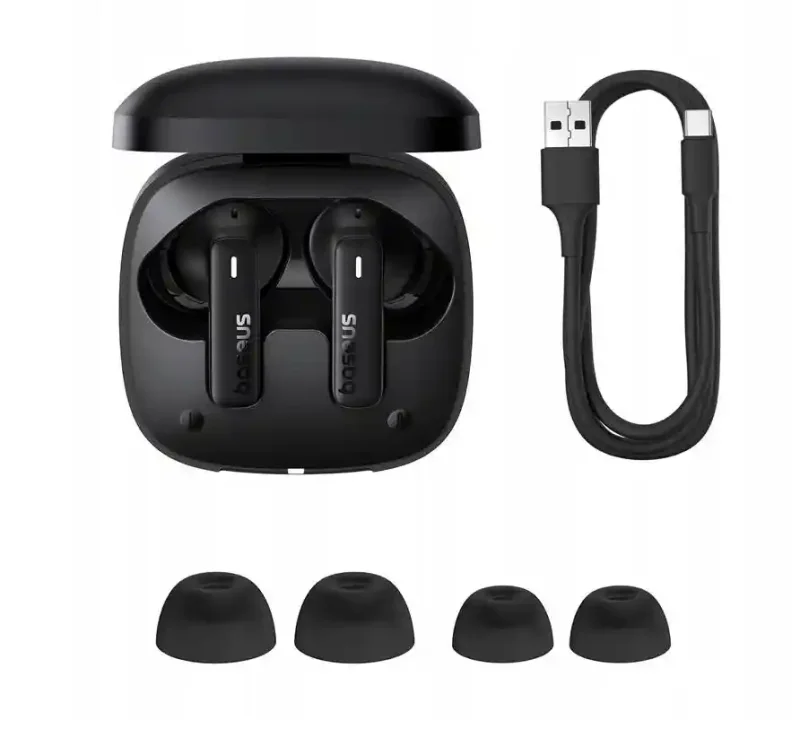 Zestaw czarnych słuchawek Bluetooth Baseus z etui ładującym, kablem USB-C oraz dwoma parami silikonowych nakładek