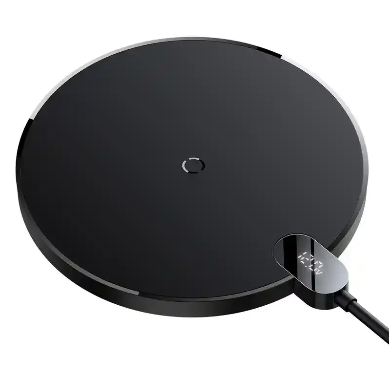Ładowarka indukcyjna bezprzewodowa Baseus Qi 15W – okrągła czarna ładowarka z portem USB Typ-C i wyświetlaczem LED