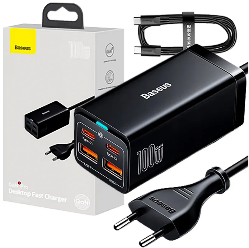 Szybka ładowarka sieciowa Baseus GaN3 Pro 100W z 4 portami USB-C i USB-A, kablem USB-C oraz opakowaniem producenta