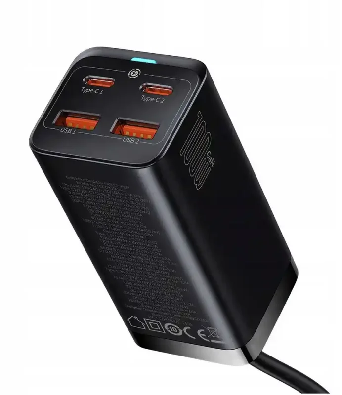 Ładowarka sieciowa Baseus 100W – widok z góry na 4 porty: 2x USB-C i 2x USB-A