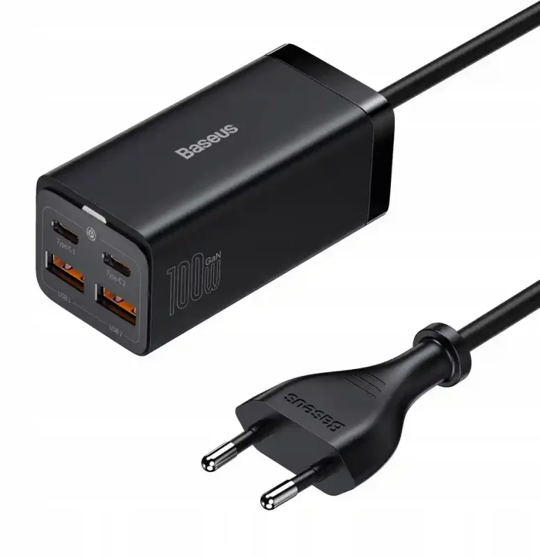 Ładowarka sieciowa Baseus 100W – widok pod kątem, widoczne 4 porty USB (2x USB-C, 2x USB-A) oraz wtyczka sieciowa
