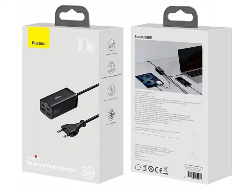 Opakowanie ładowarki sieciowej Baseus GaN3 Pro 100W – widok przodu i tyłu pudełka z grafiką produktu oraz informacjami technicznymi