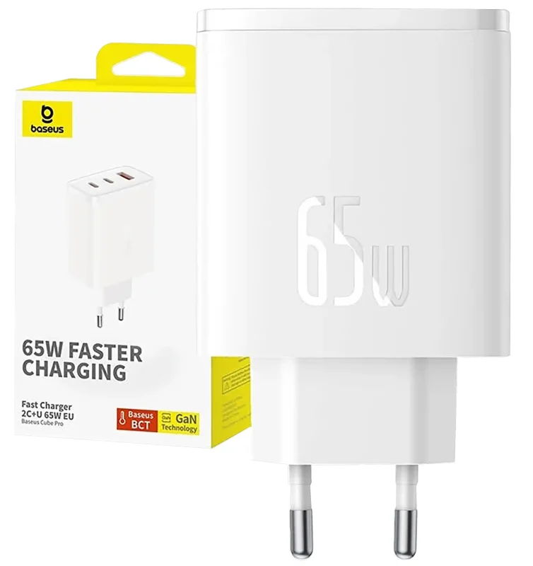 Biała ładowarka sieciowa Baseus 65W z dwoma portami USB-C i jednym USB-A z opakowaniem