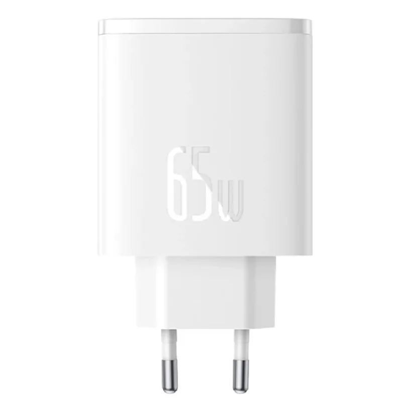Biała ładowarka sieciowa Baseus 65W z dwoma portami USB-C i jednym USB-A