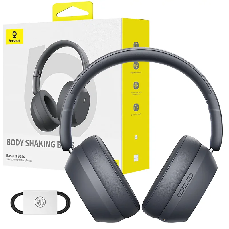 Szare słuchawki nauszne bezprzewodowe Baseus Bass 35 Max, pokazane obok oryginalnego opakowania Baseus oraz dołączonego kabla ładującego USB