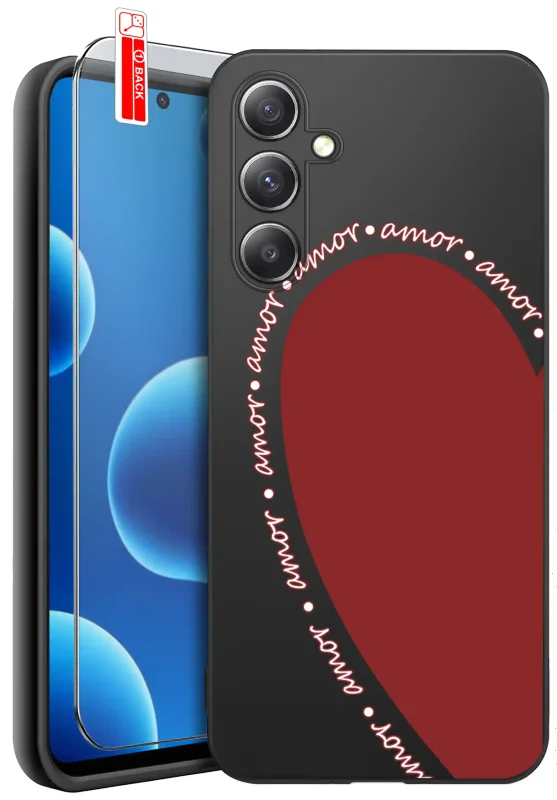 Etui do Samsung Galaxy A55 5G z walentynkowym wzorem - połówka czerwonego serca z napisami amor, zestaw ze szkłem