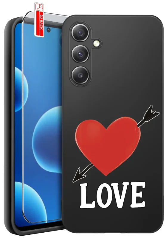 Etui do Samsung Galaxy M55 5G z walentynkowym wzorem - czerwone serce przekłute strzałą i biały napis LOVE, zestaw ze szkłem