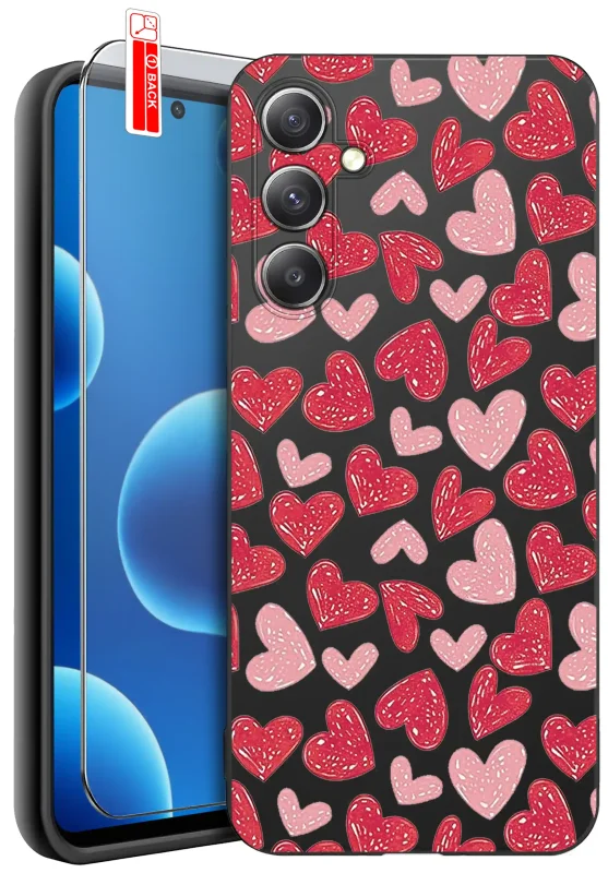 Etui do Samsung Galaxy A35 5G z walentynkowym wzorem - czerwone rysunkowe serduszka rozproszone na całych pleckach, zestaw ze szkłem