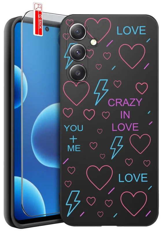 Etui do Samsung Galaxy S24 FE z walentynkowym wzorem - różowe serca, jasnoniebieskie błyskawice oraz tekst love, crazy in love, you+me, zestaw ze szkłem