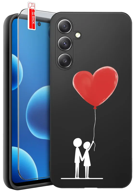 Etui do Samsung Galaxy S24 z walentynkowym wzorem - para trzymająca balon w kształcie czerwonego serca, zestaw ze szkłem