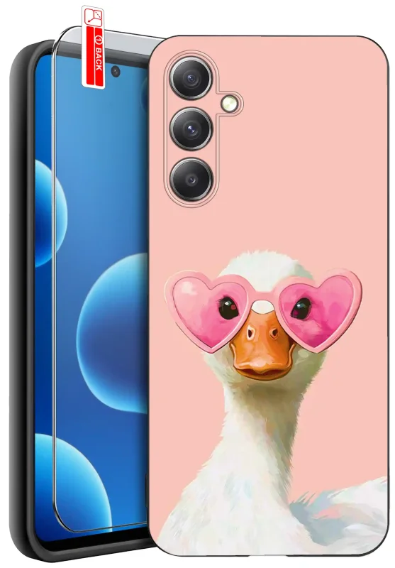 Etui do Samsung Galaxy S25 FE z walentynkowym wzorem - gęś w różowych okularach na różowym tle, zestaw ze szkłem