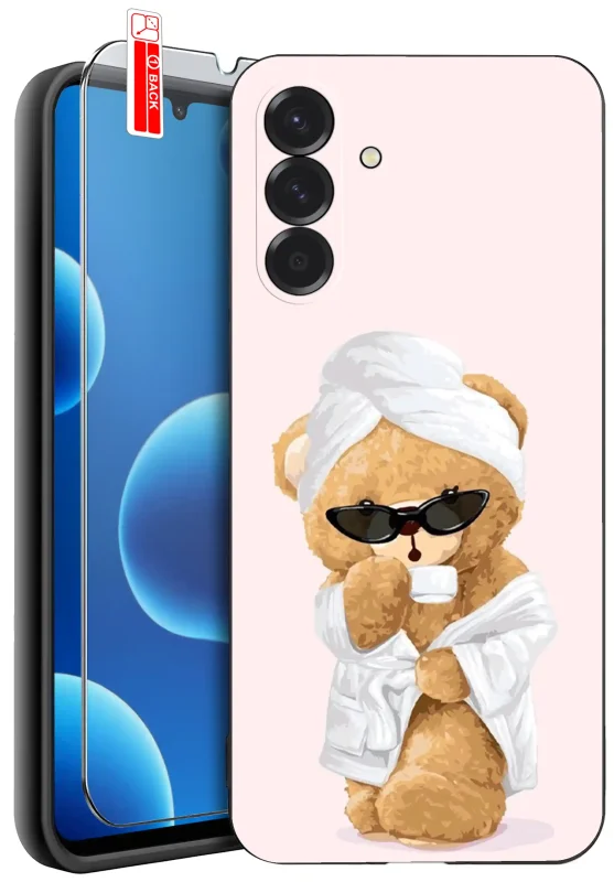 Etui do Samsung Galaxy A17 5G z walentynkowym wzorem - zabawny miś w okularach i szlafroku, na jasnoróżowym tle, zestaw ze szkłem