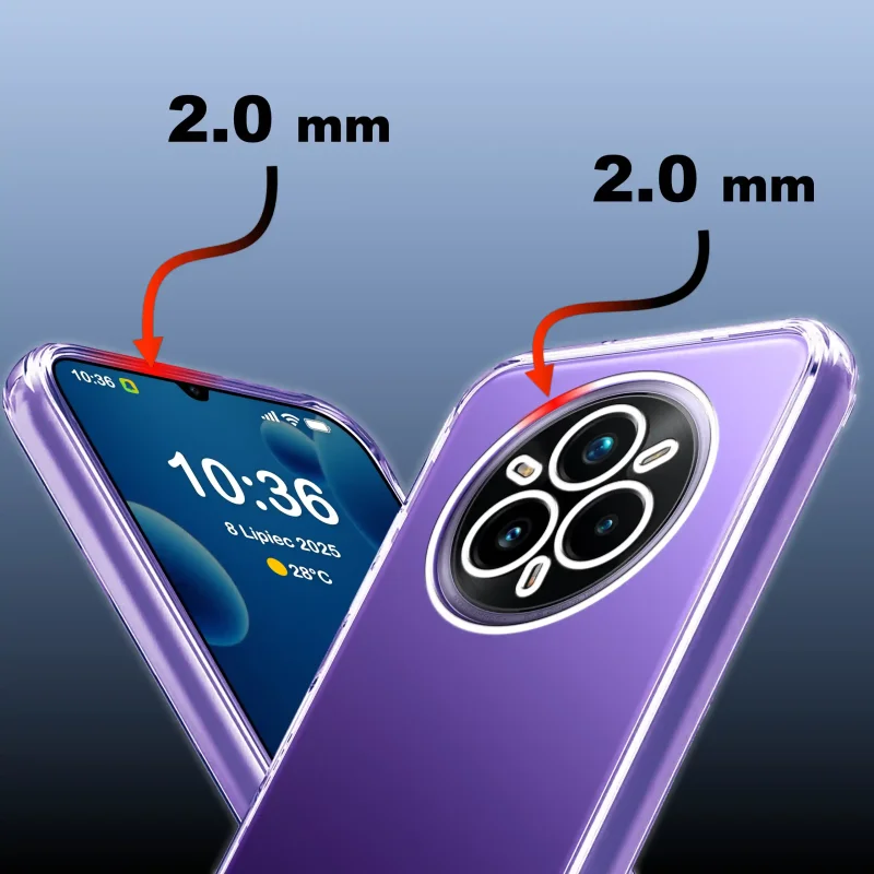 Przezroczyste etui na Realme 14 Pro+ Plus 5G z podwyższonym rantem 2,0 mm wokół ekranu i aparatu, oznaczonym strzałkami na grafice